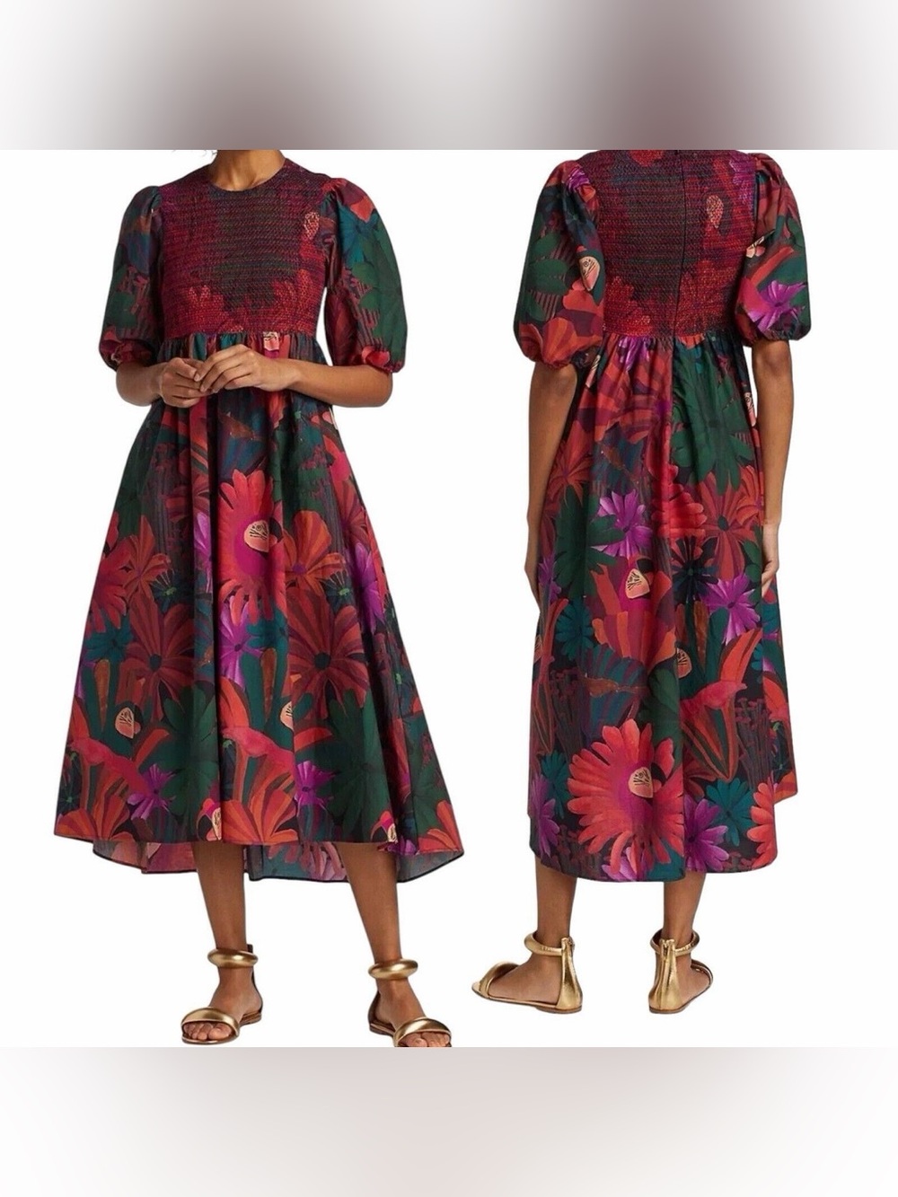 Floral Rio Bird Flowers Smocked Midi Dress